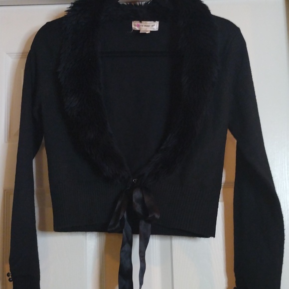 One Step Up Women's Black Fur Open Cardigan Size Medium ribbon tie - Picture 3 of 7